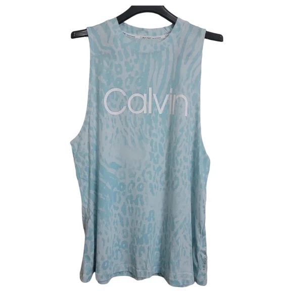 Calvin Klein Blue Leopard Zebra Animal Print Soft Modal Cotton Tank Top L - Picture 1 of 6